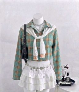 Green Cute Plaid Shirt With Front Tie ✨
