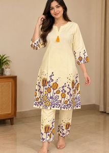 Cream Floral Print Kurta