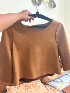 Brown Suede Bell Sleeve Crop Top