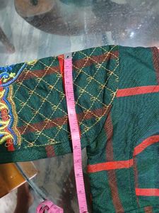 Dark Green &amp; Red Checkered Embroidered Silk Blouse