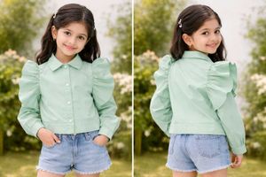 Cute Girl's Mint Green Puff Sleeve Shirt