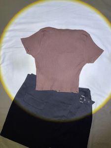 Brown Ribbed Button-Up Crop Top