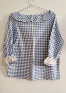 Blue Gingham Ruffle Neck Top