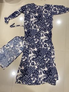 Blue Floral Print Kurta | slit cut