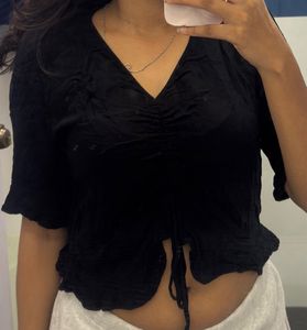 Black Ruched V-Neck Top