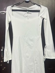 Elegant White Long Sleeve Square Neck Dress