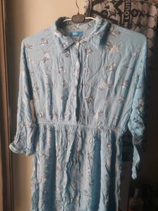 korean Blue Floral Print Shirt Dress