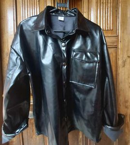 Black Faux Leather Button-Up Jacket –
