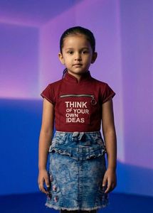Girls Maroon Graphic Print Top & Denim Skirt Set