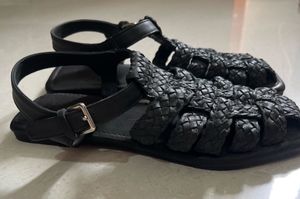 Black Woven Strap Flat Sandals