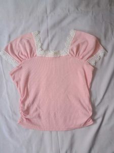 Pink Lace Trimmed Square Neck Top