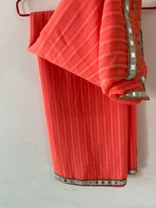 Orange Striped Saree with Mirror Work Border