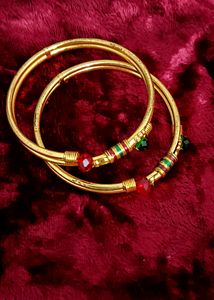 Vintage Gold Bangles with Red &amp; Green Beads