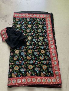 Elegant Black Floral Embroidered Saree