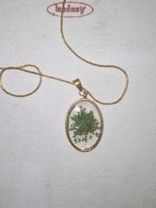 Gold Tone Resin Necklace with Dried Flower Pendant