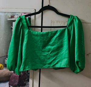 Green Satin Cropped Puff Sleeve Top