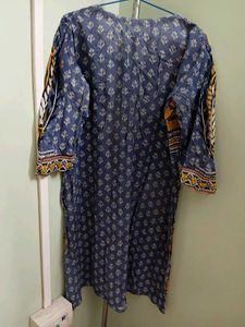 Elegant Blue &amp; Gold Print Kurti With Dupatta