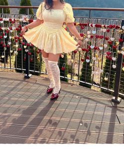 Y2k Korean Cute Yellow Lace Mini Dress with stocki