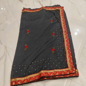 Designer Grey Saree with Red &amp; Gold Border