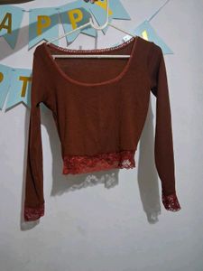 Brown Lace Trim Long Sleeve Top
