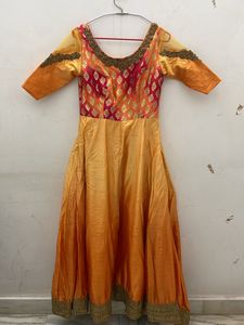 Ethnic Gown With Dupatta Orange Yellow Colour