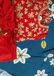 Bright Red Color Gown with Legging and Duppata