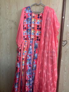 Peach 6-Metre Flare Frock with Dupatta – Multicolo