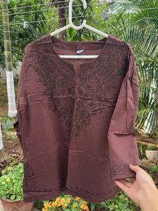 Embroidered Brown Cotton Kurta