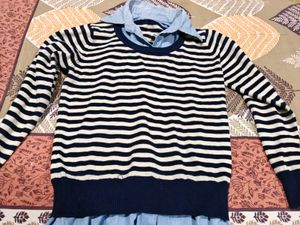 Striped Knit Sweater with Chambray Detail