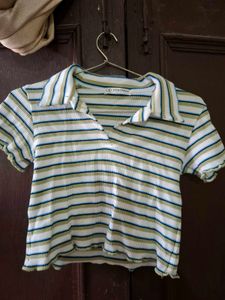 Striped Polo Neck Cropped Top