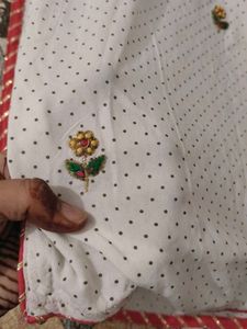 White Polka Dot Kurta with Embroidered Neckline
