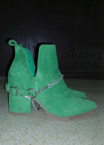 Green Suede Ankle Boots with Chain Detail