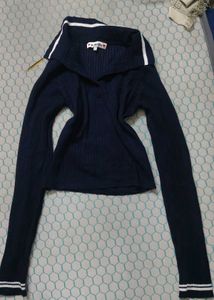 Navy Blue Ribbed Long Sleeve Top