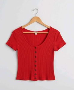 Red Ribbed Button-Front Top