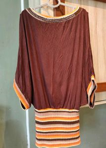 Batwing Sleeve Brown Knit Trim Tunic Top