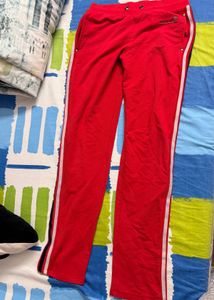 Red Track Pants with Side Stripe