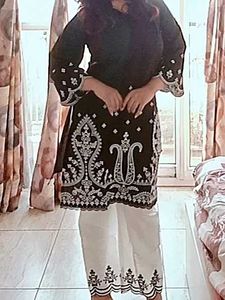 Elegant Black and White Embroidered Cord Set