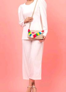 Beige Sling Bag with Colorful Tassels