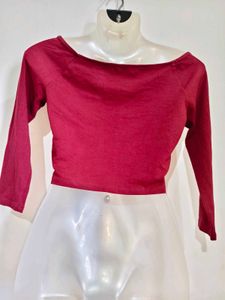Maroon Off-Shoulder Long Sleeve Crop Top