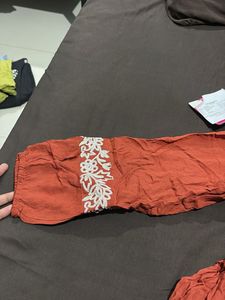 Embroidered Rust Cotton Kurta