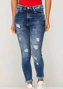 Distressed Blue Wash High Waist Jeans