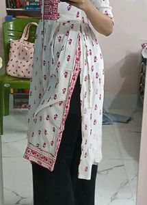 White Kurta with Pink Floral print