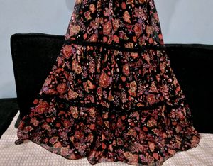 Quality Black&amp;Rust Orange Floral Print Tiered Midi