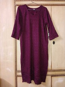 Women's Maroon Embroidered Kurta | L | Bust 32 in