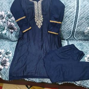Navy Blue Kurti Set with Golden Embroidery