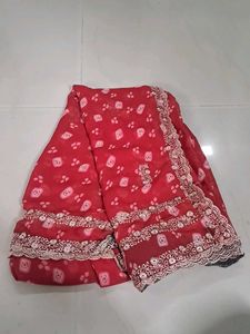 Red Saree with White Bandhani Print