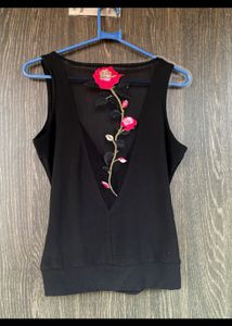 Chic Black Rose Embellished Top