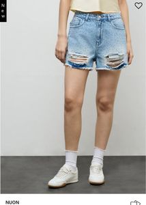 Ripped Denim Shorts with Rhinestones