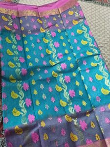 Beautiful Teal Floral Dhakai Jamdani Saree