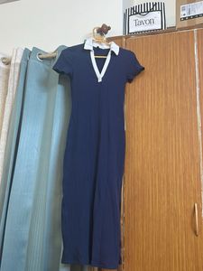 Navy Ribbed Polo Collar Midi Dress